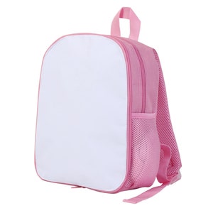 May include: Pink canvas backpack with a white front panel and a mesh side pocket.