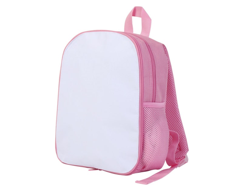 May include: Pink canvas backpack with a white front panel and a mesh side pocket.
