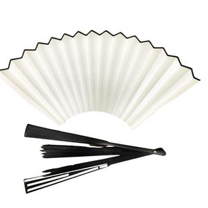 May include: A white folding fan with a black trim and a black folding fan handle.