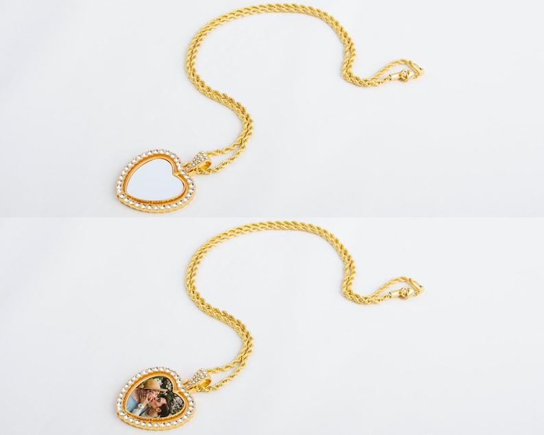 May include: Two gold necklaces with heart-shaped pendants. One pendant is blank, the other has a photo of a couple inside.