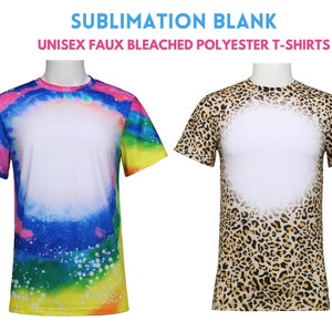 May include: Two sublimation blank t-shirts with a faux bleached polyester fabric. One shirt has a rainbow tie-dye pattern and the other has a leopard print pattern.