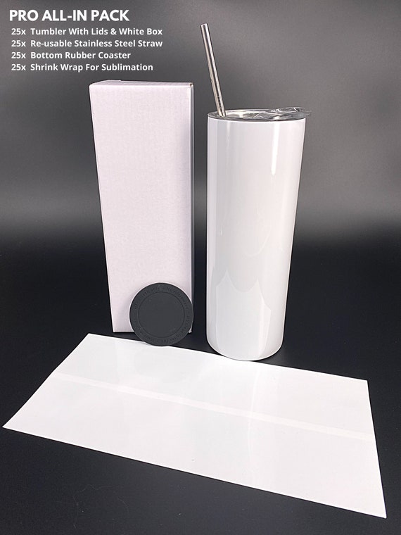 20oz Sublimation Tumbler Blank Skinny Non Tapered Insulated 25 Pcs  Wholesale Pack With Shrink Wrap, Straw, Rubber Bottom FREE Shipping 