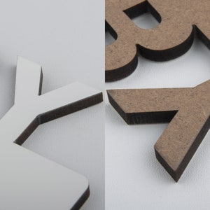 May include: Close-up of wooden letters, one white and one brown, with a dark edge. The letters are cut from a thick material, creating a 3D effect. The background is a plain white surface.