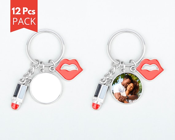 12x Pack_ Sublimation Keychain Blank Metal Keychain Blanks Bag Charm Blanks  Key Holder Blanks With Lips N Lipstick Round Shape Charms 