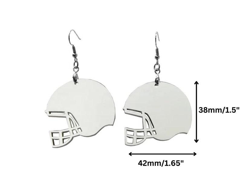 May include: A pair of silver earrings shaped like football helmets. Each earring measures 1.65 inches wide and 1.5 inches tall.
