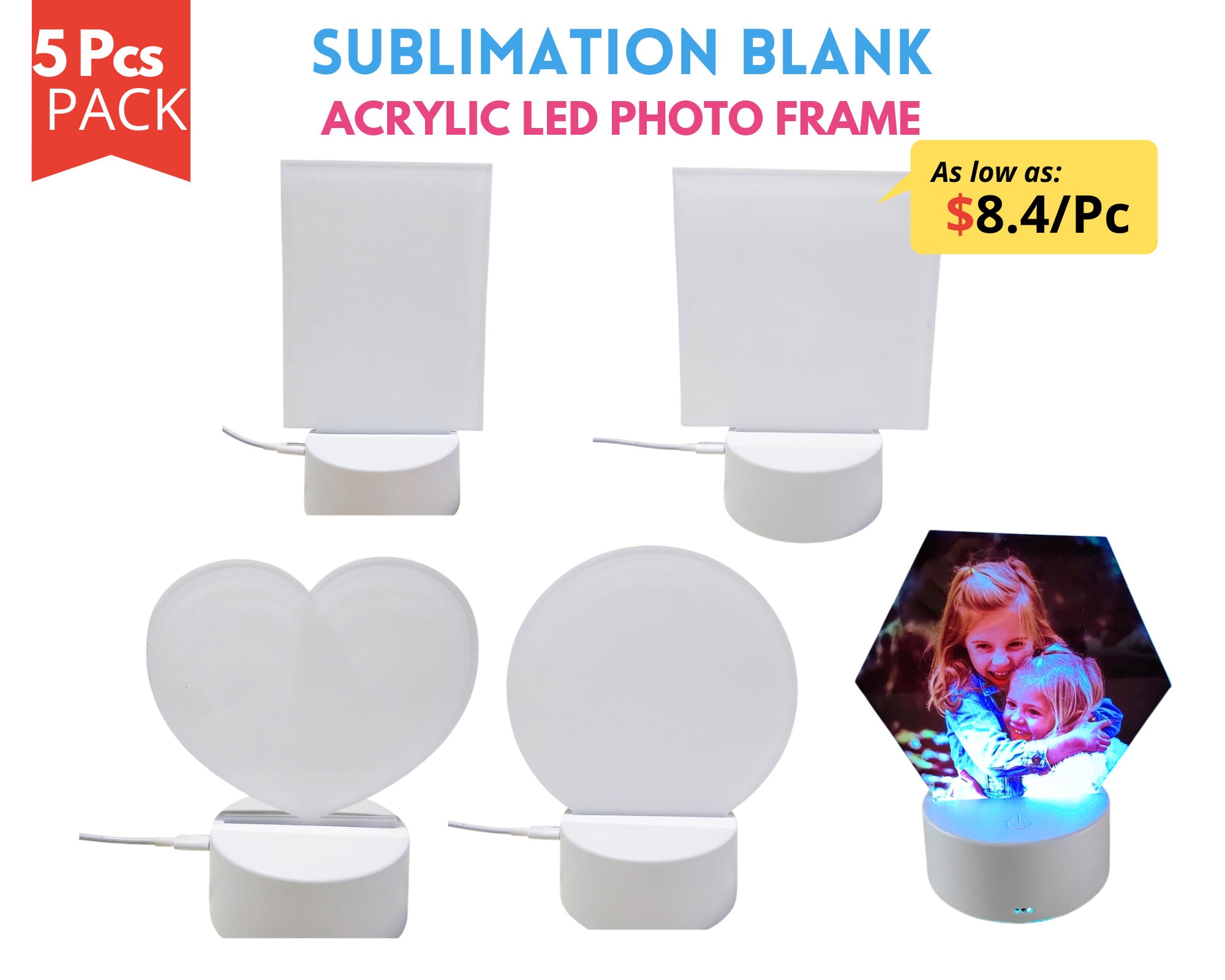 5pcs Pack Sublimation Blank LED Acrylic Photo Frame with USB | Custom Acrylic Photo Sign | Personalized Photo Night Light | Picture Plaque