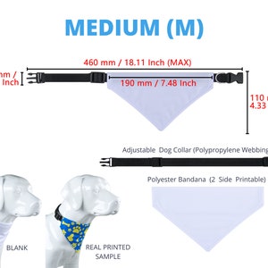 Puede incluir: Un pa&ntilde;uelo blanco para perro con un collar ajustable negro. El pa&ntilde;uelo mide 19 cm de ancho y 11 cm de largo. El collar mide 46 cm de largo. El texto "MEDIUM (M)" se muestra encima de la imagen. El texto "Adjustable Dog Collar (Polypropylene Webbing)" y "Polyester Bandana (2 Side Printable)" se muestra debajo de la imagen.