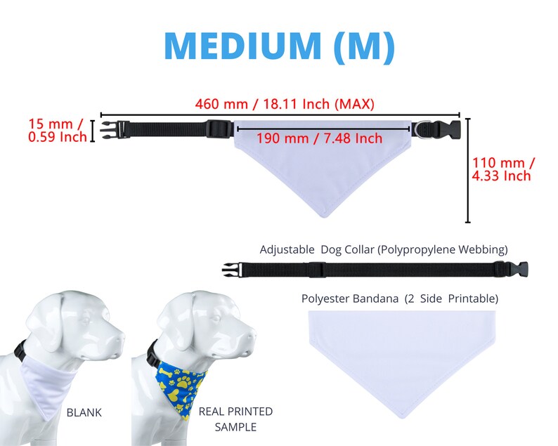 Puede incluir: Un pa&ntilde;uelo blanco para perro con un collar ajustable negro. El pa&ntilde;uelo mide 19 cm de ancho y 11 cm de largo. El collar mide 46 cm de largo. El texto "MEDIUM (M)" se muestra encima de la imagen. El texto "Adjustable Dog Collar (Polypropylene Webbing)" y "Polyester Bandana (2 Side Printable)" se muestra debajo de la imagen.
