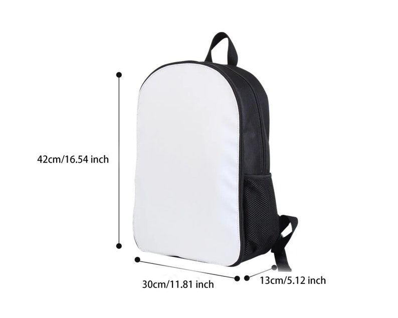 May include: Black and white backpack with a white front panel. The backpack measures 16.54 inches tall, 11.81 inches wide, and 5.12 inches deep.