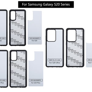 May include: Three sets of phone cases and dye sub inserts for the Samsung Galaxy S20 series. The cases are black with a clear back and the inserts are white. The text on the cases reads "SOFT TPU+PC CASE" and "DYE SUB INSERTS". The text on the inserts reads "For S20", "For S20 Plus", and "For S20 Ultra".