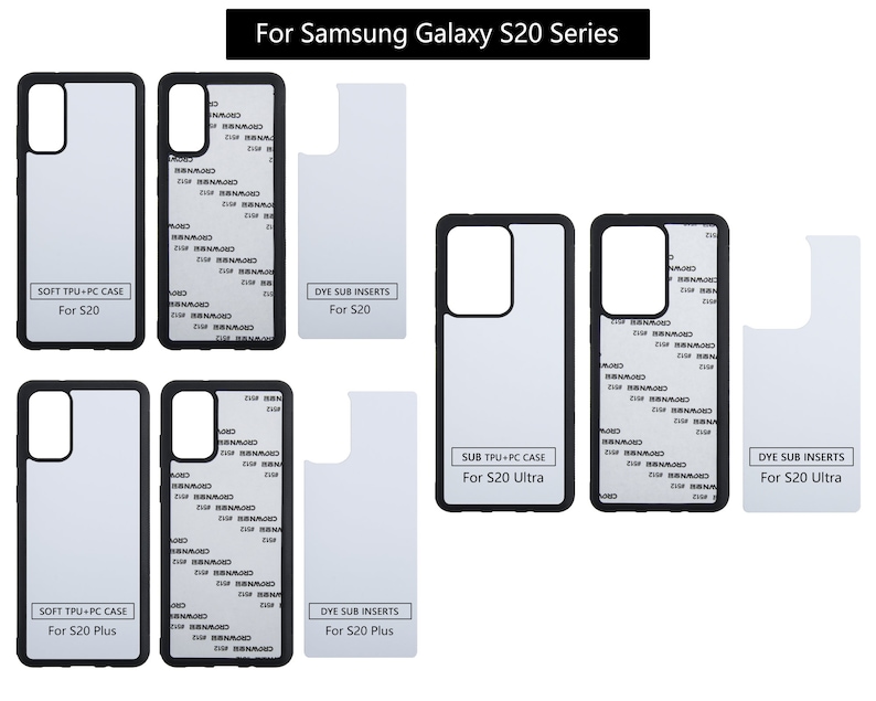 May include: Three sets of phone cases and dye sub inserts for the Samsung Galaxy S20 series. The cases are black with a clear back and the inserts are white. The text on the cases reads "SOFT TPU+PC CASE" and "DYE SUB INSERTS". The text on the inserts reads "For S20", "For S20 Plus", and "For S20 Ultra".