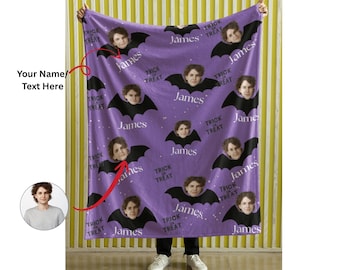 Personalized Halloween Face & Name Throw Blanket – Custom Photo Plush Gift, Cozy Soft, Multiple Sizes