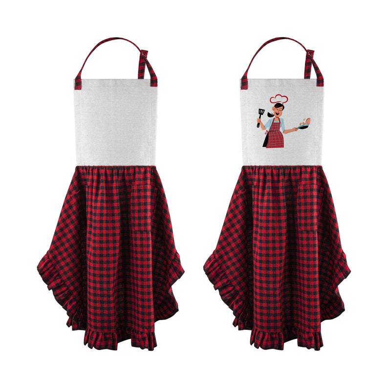 May include: A red and black checkered apron with a white top and a cartoon chef illustration. The apron has a ruffle trim and a pocket.