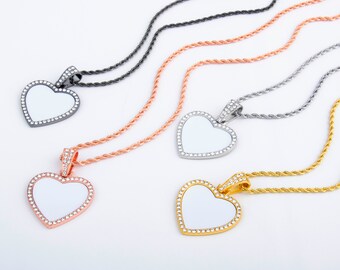 Sublimate Blanks Heart Pendant Necklace | Rhinestone Heart Charm Pendant | 30mm Heart Shape Sub Inserts | Sublimation Jewelry Blank #102016