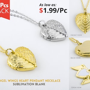 10x Angel Wings Heart Pendant Locket Necklace Sublimation Blanks with Magnetic closure | In Silver & Golden Colors With 18" Long Chain