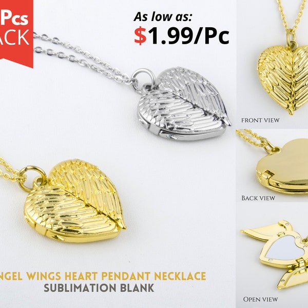 10x Angel Wings Heart Pendentif Médaillon Collier Sublimation Blanks avec fermeture magnétique | Dans des couleurs argentées et dorées avec une chaîne longue de 18 pouces