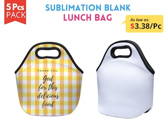 Pacote com 5 lancheiras de sublimação, sacolas de sublimação para almoço, impressão em 2 lados com fundo preto | Lancheiras de neoprene para sublimação