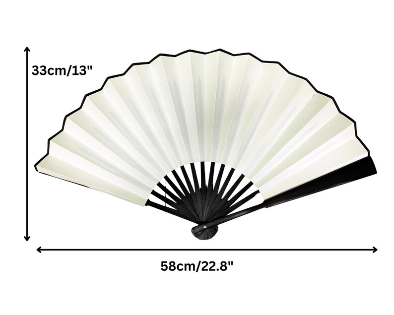 May include: A white folding fan with a black handle. The fan is 13 inches tall and 22.8 inches wide when open.