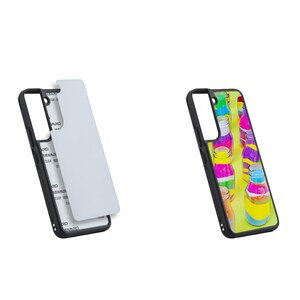 May include: A black phone case with a colorful design of jars filled with colorful sand. The case is shown with a clear protective film on top.