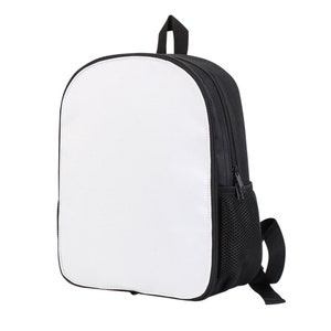 May include: A black canvas backpack with a white front panel. The backpack has a zippered pocket on the side and a mesh pocket on the front.
