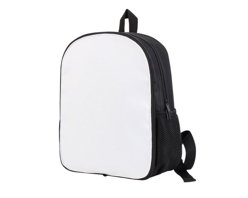 May include: A black canvas backpack with a white front panel. The backpack has a zippered pocket on the side and a mesh pocket on the front.