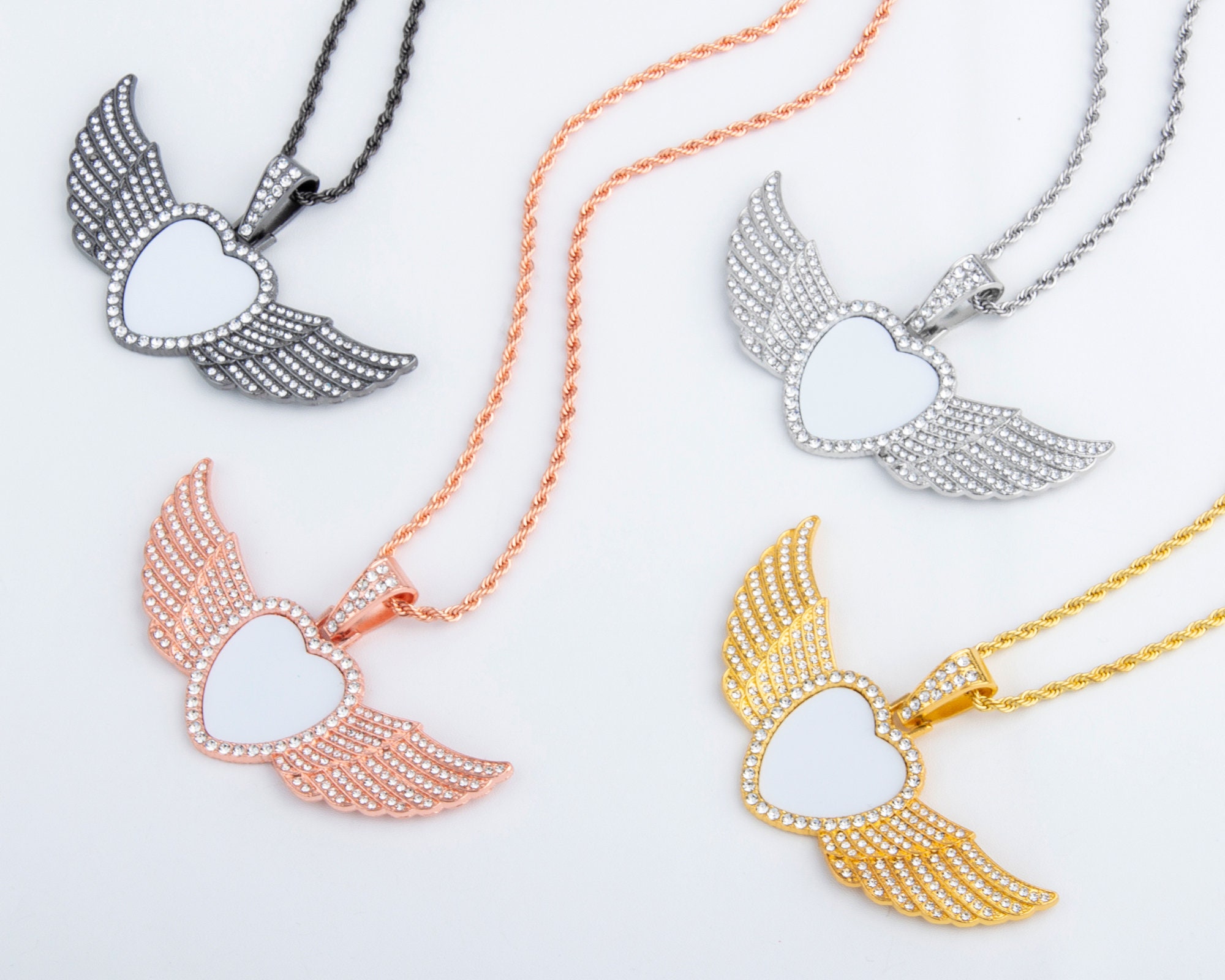 Angel Wings Necklace Sublimation Blanks With 25mm Heart Shape Dye