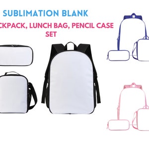 Sublimation Backpack, Lunch Box, Pencil Case Set | Blank Back to School Bundle | Sublimation Lunch Box| 3PCS a Set 3 Colors Available