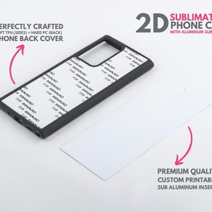 May include: A black phone case with a white background. The case is made of soft TPU and hard PC. The case is designed for sublimation printing and includes aluminum inserts. The text "PERFECTLY CRAFTED" and "SOFT TPU (SIDES) + HARD PC (BACK) PHONE BACK COVER" is printed on the case. The text "2D SUBLIMATION PHONE CASE WITH ALUMINUM SUB INSERTS" is printed on the white background. The text "PREMIUM QUALITY CUSTOM PRINTABLE SUB ALUMINUM INSERTS" is printed on the white background.