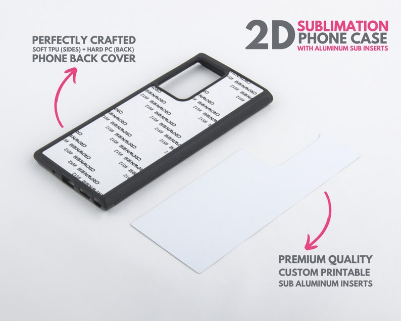 May include: A black phone case with a white background. The case is made of soft TPU and hard PC. The case is designed for sublimation printing and includes aluminum inserts. The text "PERFECTLY CRAFTED" and "SOFT TPU (SIDES) + HARD PC (BACK) PHONE BACK COVER" is printed on the case. The text "2D SUBLIMATION PHONE CASE WITH ALUMINUM SUB INSERTS" is printed on the white background. The text "PREMIUM QUALITY CUSTOM PRINTABLE SUB ALUMINUM INSERTS" is printed on the white background.