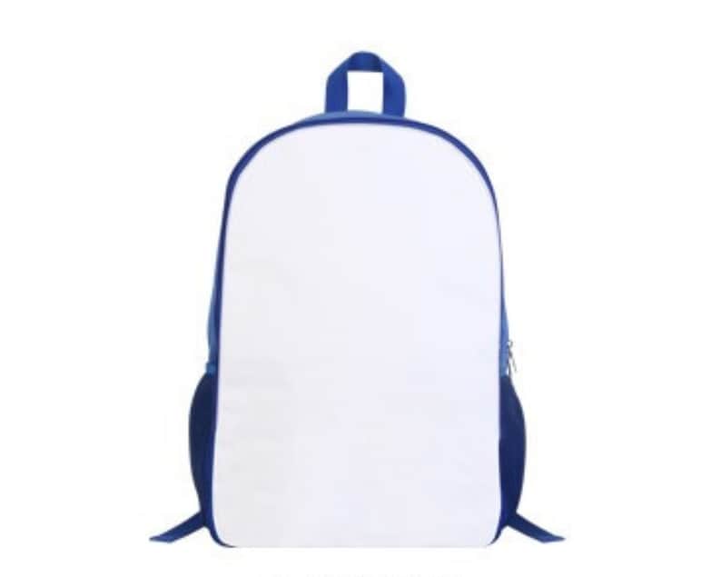 May include: A white canvas backpack with blue trim and a zipper. The backpack has a single compartment and a small pocket on the front.