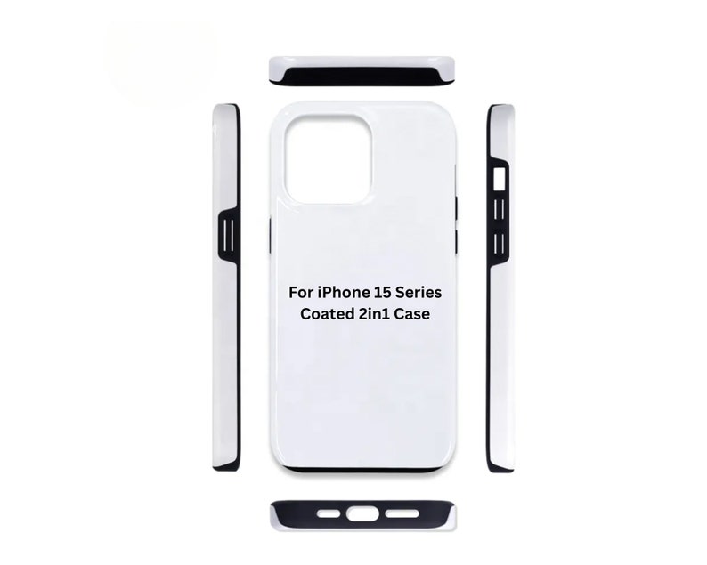 Może przedstawiać: Białe etui na telefon z czarną ramką i tekstem "For iPhone 15 Series Coated 2in1 Case".