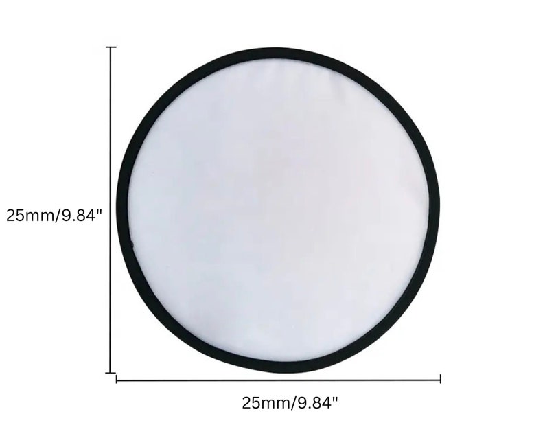 May include: A circular white reflector with a black border, measuring 9.84 inches (25mm) in diameter. The reflector is designed to bounce light and is commonly used in photography and videography.