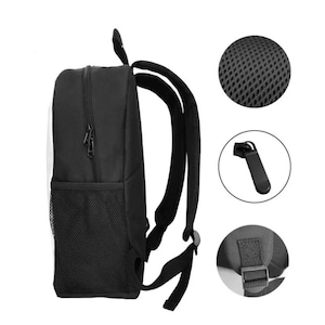 May include: Black backpack with a zippered front pocket and mesh side pockets. The backpack has adjustable straps and a padded back.