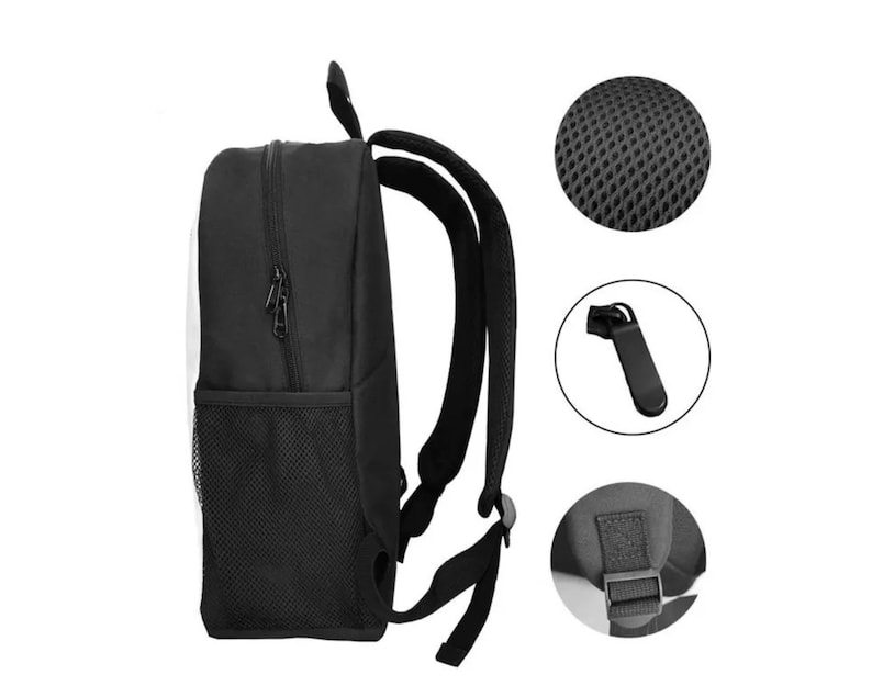 May include: Black backpack with a zippered front pocket and mesh side pockets. The backpack has adjustable straps and a padded back.