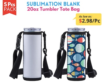 Pacote com 5 sacolas para sublimação, sacola para copo de 20 oz, impressão em 2 lados com fundo preto | Bolsas de neoprene para transporte de copos, para sublimação