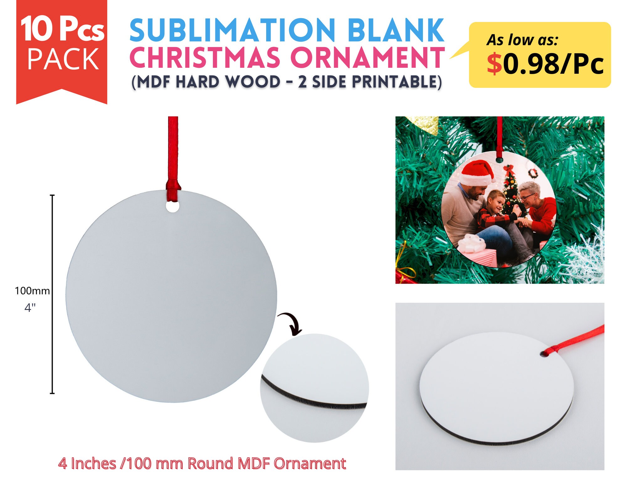 10 Sublimation Blanks, Circle Ornaments, Double Sided MDF, 2 Sided Blank