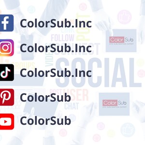 May include: A graphic showing the social media icons for Facebook, Instagram, TikTok, Pinterest, and YouTube, with the text "ColorSub.Inc" and "ColorSub" repeated throughout the image.