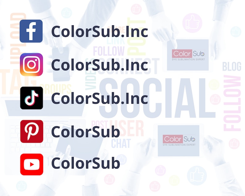 May include: A graphic showing the social media icons for Facebook, Instagram, TikTok, Pinterest, and YouTube, with the text "ColorSub.Inc" and "ColorSub" repeated throughout the image.