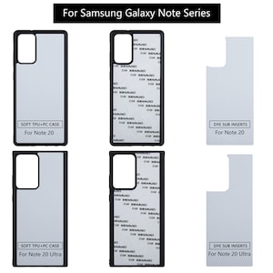 May include: Two black phone cases with a white background and the text "SOFT TPU+PC CASE" and "For Note 20" or "For Note 20 Ultra". Two white phone cases with a gray background and the text "DYE SUB INSERTS" and "For Note 20" or "For Note 20 Ultra".
