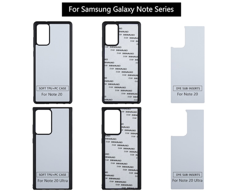 May include: Two black phone cases with a white background and the text "SOFT TPU+PC CASE" and "For Note 20" or "For Note 20 Ultra". Two white phone cases with a gray background and the text "DYE SUB INSERTS" and "For Note 20" or "For Note 20 Ultra".