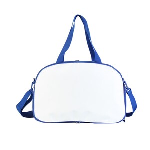 May include: A white duffel bag with blue handles and straps. The bag has a zipper closure.