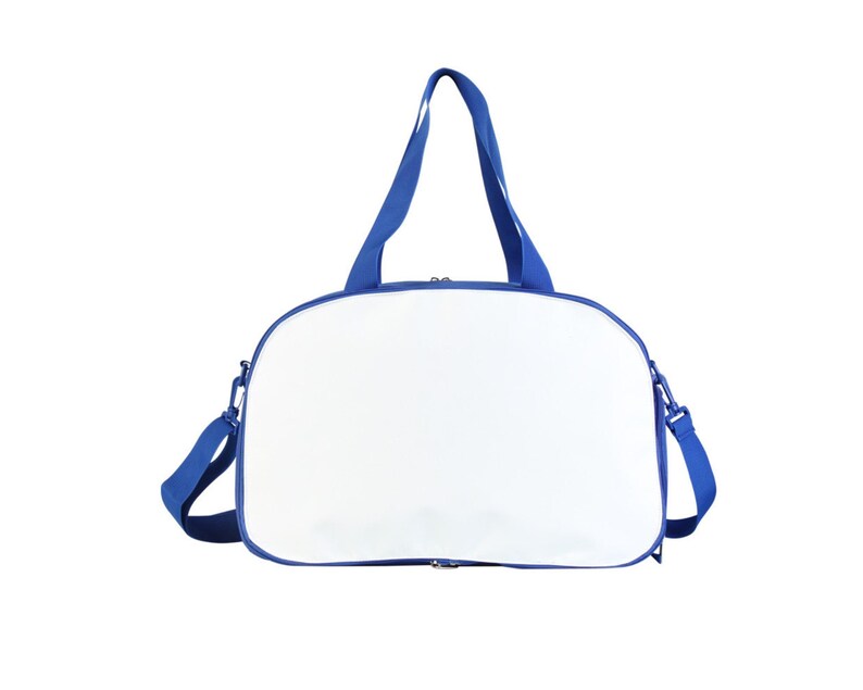 May include: A white duffel bag with blue handles and straps. The bag has a zipper closure.