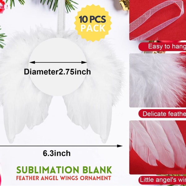 10x Feather Angel Wings Christmas Ornaments Blanks | White Feather Wings Ornament | With printable Metal Disc | Sublimation Feather Wings