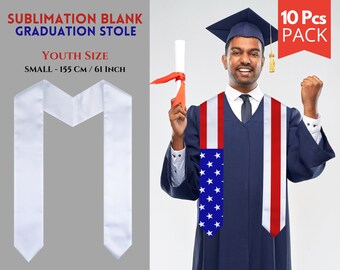 10x Youth Size Graduation Stole Sublimation Blanks , Sublimation Stole Blanks , Satin White Graduation Stole | Size 155 cm / 61 Inch