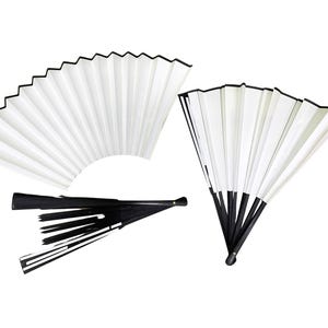 May include: Three folding fans, two with white paper and black trim, and one with black and white paper and black trim.