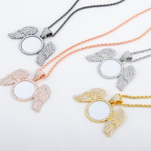 Sublimation Angel Wings Necklace  | Hip-hop Bling Custom Necklace with 24&quot; Long 3mm thick Rope Chain | With 25mm Disc