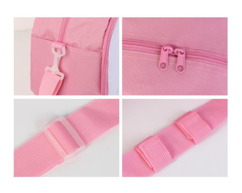 May include: Pink travel bag with a zipper closure and adjustable shoulder strap. The bag has a white accent on the front.