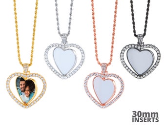 May include: Four silver heart-shaped photo locket necklaces with a rope chain. The lockets have a clear insert for a 30mm photo. The necklaces are shown in gold, silver, rose gold, and black.