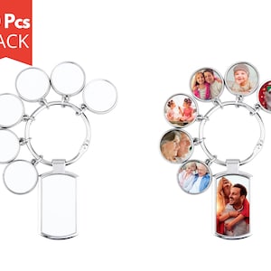 10 Pack Sublimation Keychain with Six Round Charms | Metal Keychain Blanks | Bag Charm Blanks | Key Holder Blanks | Family Keyring