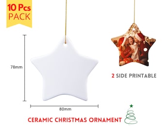 Christmas Ornaments Sublimation Blanks | 10 Pack | Porcelain Christmas Ornament Star Shape | 2 Sides Printable | Star Christmas Ornaments
